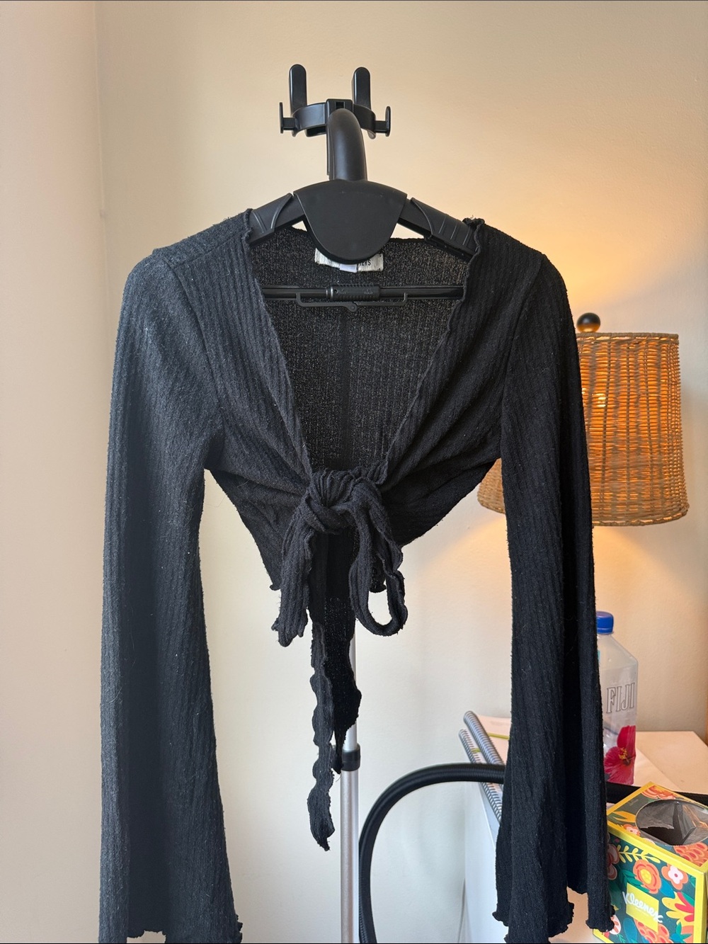 Urban Outfitters Black Tie-Front Ribbed Crop Cardigan